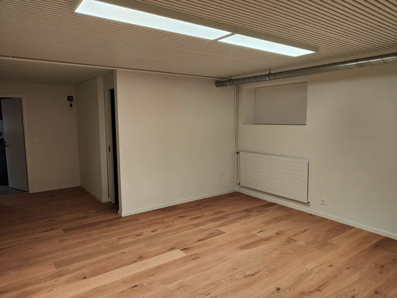 Kellerausbau Rüfenacht – Wohnraum mit Überdruck-Lüftung, Schallschutzdecke, hinterleuchteten Bildfenstern und Eichenparkett